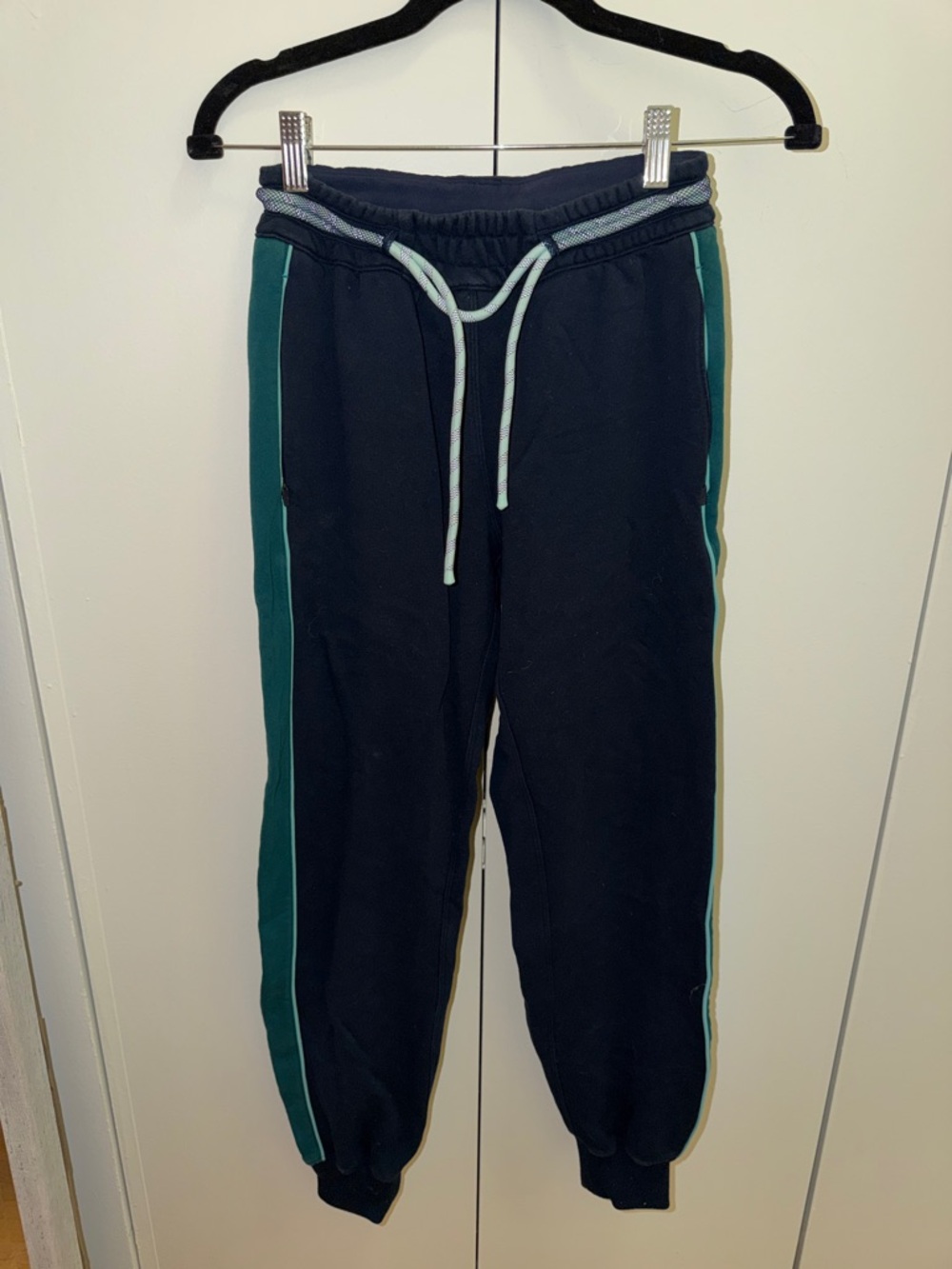 LuluLemon Navy Jogger Sweatpants with Green Side Stripes